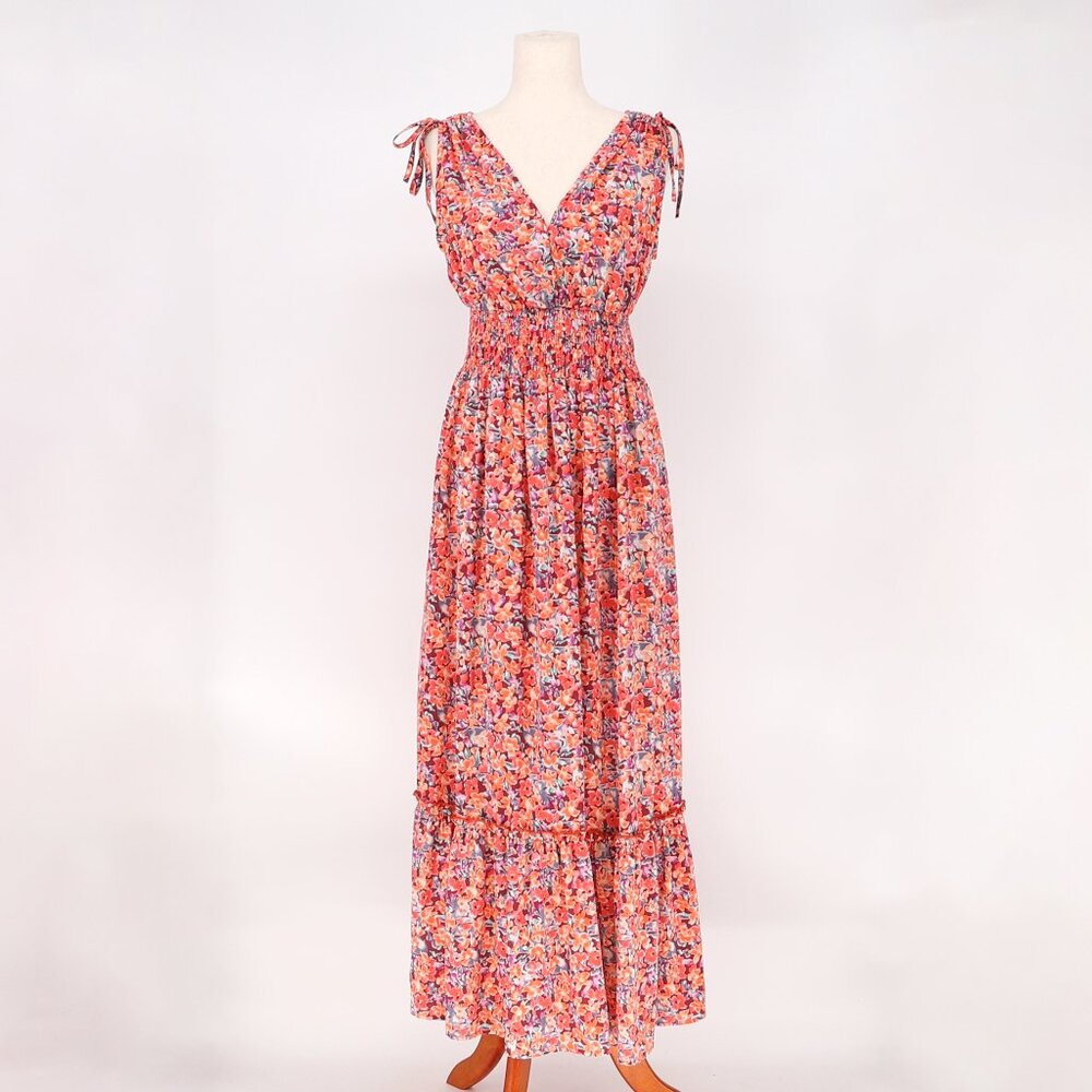 ANNA KAY Bright Summer Floral Maxi Dress Smock Waist V-Neck Size S/M